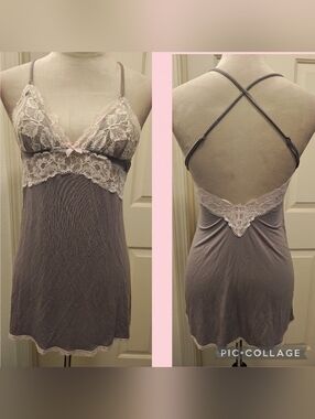 '13 Victoria's Secret Grey Lingerie Slip Dress w Sheer Pink Lace & Low Open Back